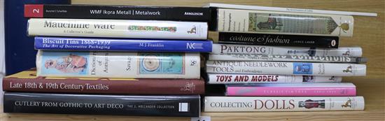 A quantity of reference books relating to toys, dolls, fashion, textiles, metalwork, etc.